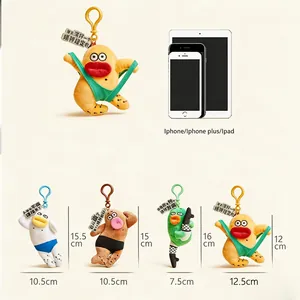 Funny quirky plush keychains with size comparison against iPhone and iPad devices.