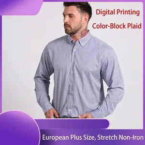 Men's plus size long sleeve casual shirt with blue checkered pattern and elastic fabric.