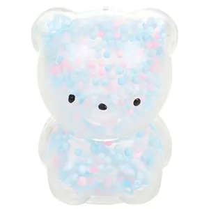 Cute transparent bear squishy toy filled with blue and pink foam beads for stress relief