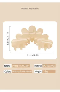 Detailed specifications for large petal-shaped hair claw clip with 11cm length measurement
