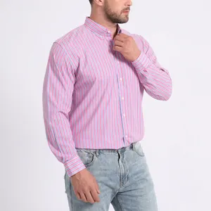 Detail of men's long-sleeve striped shirt in pink and blue with non-iron fabric