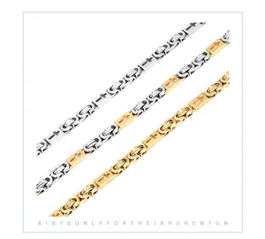 Detailed view of three stainless steel cross necklaces in silver and gold finishes