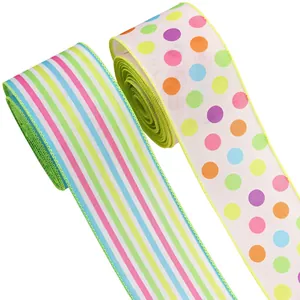 Easter decorative wired edge ribbon featuring colorful stripes and polka dots for gift wrapping