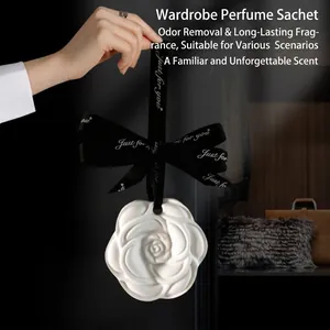 Elegant Camellia Rose Flower Scented Plaster Tablet Wardrobe Hanging Air Freshener Aroma Stone Home Decor With Satin Ribbon