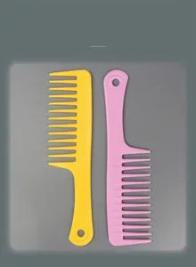 Two wide-tooth detangling combs for curly hair in bright yellow and soft pink colors