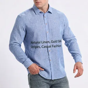 Men's light blue long sleeve linen shirt featuring a casual textured fabric detail