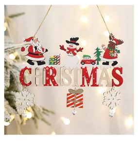 Detailed view of a wooden Christmas door sign featuring Santa, Snowman, and reindeer