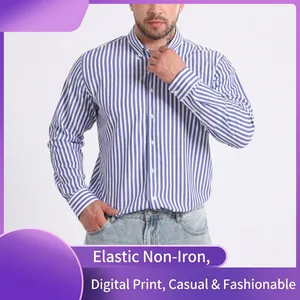 Classic blue and white vertical striped long sleeve button down casual shirt for men