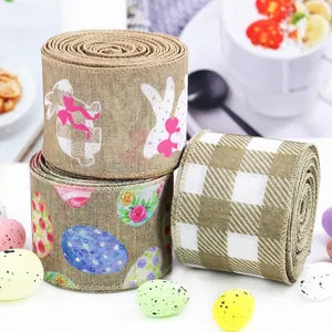 Easter wired edge burlap ribbons with bunny, eggs and plaid patterns for gift decor.