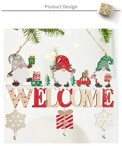 Handcrafted wooden Christmas Welcome hanging sign with cute gnomes and snowflake bells