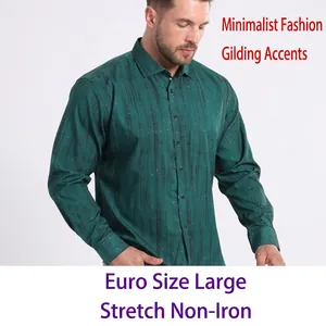 Men's dark green long sleeve shirt with vertical stripes and bronze dot detailing