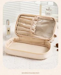 Detailed interior view of cream double-layer waterproof PU cosmetic bag with brush slots