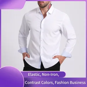 Classic men's slim-fit white long-sleeve dress shirt featuring light blue contrast cuffs