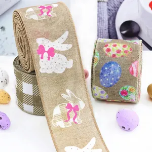 Detailed view of Easter burlap wired edge ribbon with bunny and colorful egg prints