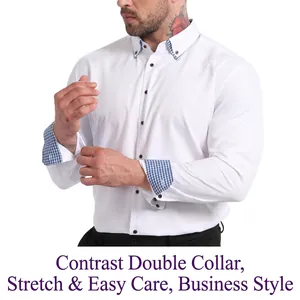 Close-up of white long-sleeve business shirt featuring contrast collar and cuffs.