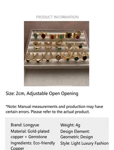 Detailed specification sheet for vintage gemstone rings with adjustable bands.