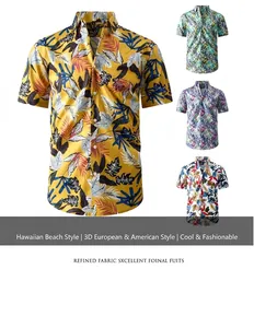 Detailed view of men's Hawaiian short-sleeved shirts with tropical leaf prints