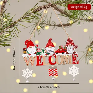 Wooden Christmas welcome gnome hanging sign ornament with snowflakes and bells
