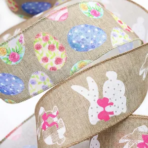 Wired edge Easter ribbon with colorful egg and bunny patterns for gift wrapping