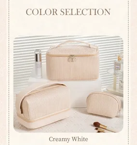 Creamy white ribbed PU leather cosmetic bag set in three functional sizes and shapes