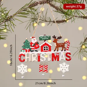 Detailed dimensions of wooden Christmas hanging sign with Santa and reindeer motifs