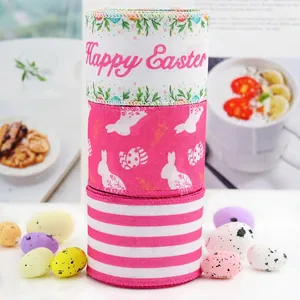 Detail of wired edge Easter ribbons featuring Happy Easter text, cute bunnies and eggs.