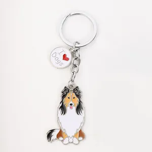 Zinc alloy keychain featuring a cartoon Collie dog pendant and 'I Love Dogs' circular charm.
