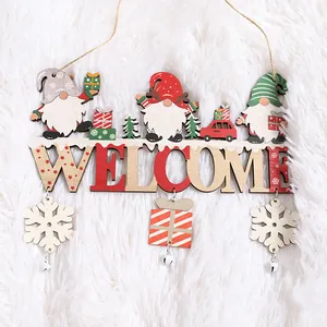 Festive wooden Christmas welcome door sign featuring cute forest gnomes and snowflakes