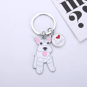 Detail view of the zinc alloy cartoon schnauzer dog keychain with I Love Dogs charm