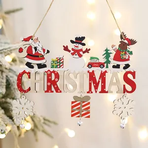 Festive wooden Christmas door hanger with Santa Claus Snowman and Reindeer characters