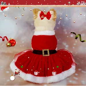 Vestito natalizio rosso in pile per cani piccoli con fiocco e gonna in tulle