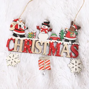 Handcrafted wooden Christmas hanging sign featuring Santa, Snowman, and Reindeer icons