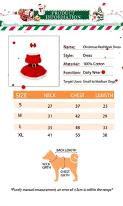 Tabella taglie per vestito di Natale per cani con misure di collo, torace e lunghezza.