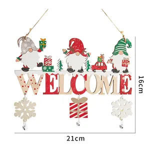 Wooden Christmas Welcome hanging sign featuring festive gnomes, car, and snowflake bells