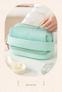 Close-up detail of the mint green pleated double-layer waterproof makeup storage bag