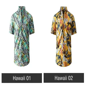 Detail view of two men's Hawaiian beach shirts featuring tropical leaf print designs