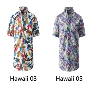 Detail view of two tropical Hawaiian short-sleeved men's shirts with leaf patterns