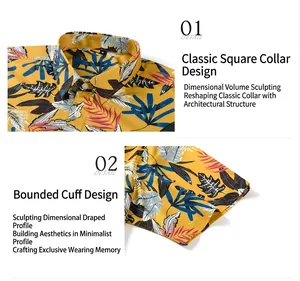 Detail of Hawaiian shirt featuring classic square collar and hemmed cuff design