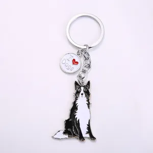 Zinc alloy Border Collie cartoon dog keychain with I Love Dogs enamel charm pendant