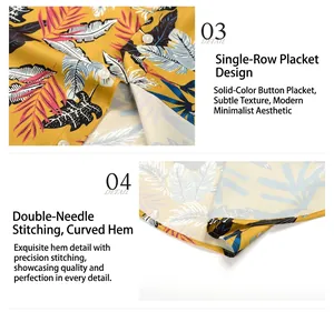 Close-up detail of the button placket and curved hem on a tropical print ice silk shirt