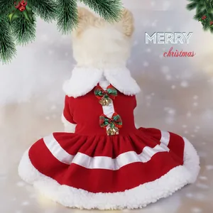 Festoso vestito natalizio in pile rosso per cani con bordo in peluche e campanellini