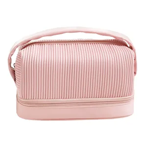 Large capacity pink double-layer PU cosmetic bag with pleated design and sturdy top handle