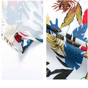 Detail of Hawaiian shirt fabric showing vibrant tropical leaf print and smooth texture