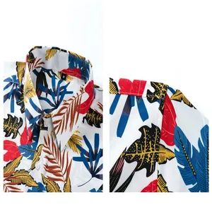 Detailed view of men's Hawaiian beach shirt featuring vibrant tropical leaf print design