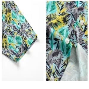 Detailed close-up of tropical palm leaf print ice silk shirt showing sleeve and buttons