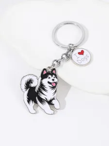 Detailed view of a zinc alloy cartoon dog keychain featuring an I Love Dogs charm
