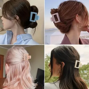 Detailed view of matte square hair claw clips in various colors worn on different hairstyles