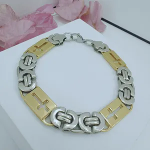 Close-up of a two-tone stainless steel men's necklace featuring cross motif panels
