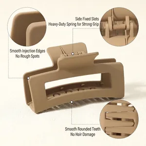 Large matte square hair claw clip with strong metal spring and rounded teeth, khaki