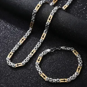 Men's stainless steel Byzantine chain necklace and bracelet set with cross pattern